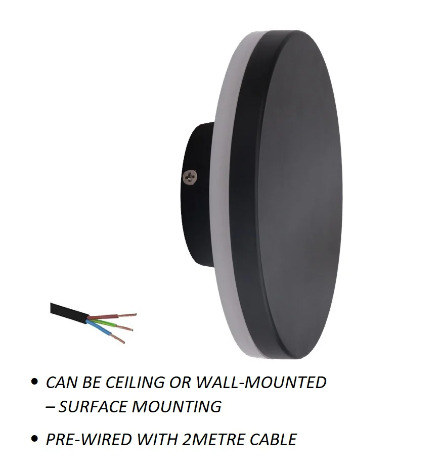 12W Black Round Backlit LED Interior / Exterior Outdoor Wall Light, IP65, 1.5M Pre-wired cable - Image 10