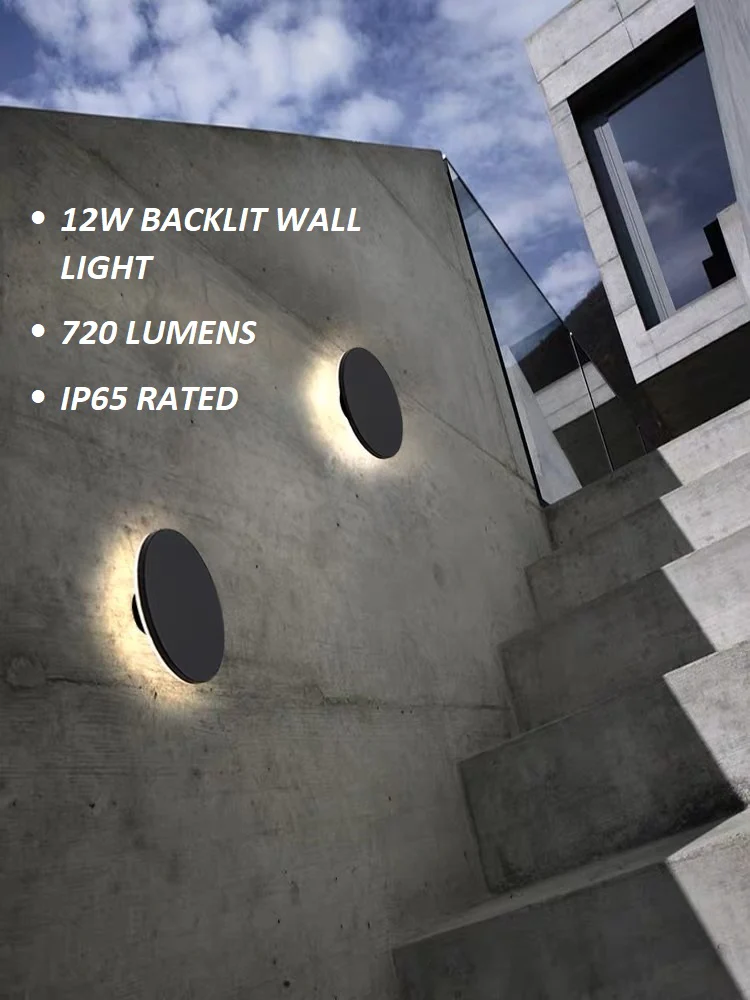 12W Black Round Backlit LED Interior / Exterior Outdoor Wall Light, IP65, 1.5M Pre-wired cable - Image 6