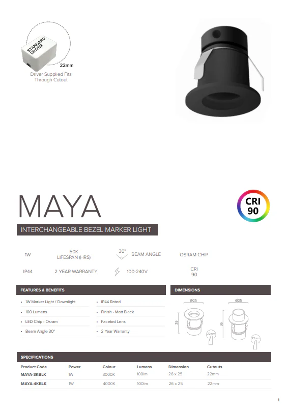 1W Maya Marker Light LED Marker, Plinth, Cabinet, Step Light - Black (Non Dimmable Driver Included) - Image 3