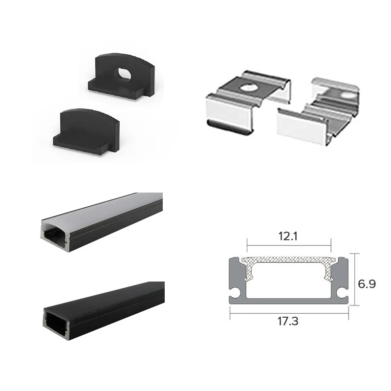 2 Metre Black Flat Aluminum Profile Channel with Black Diffuser and LED Strip Lighting Accessories