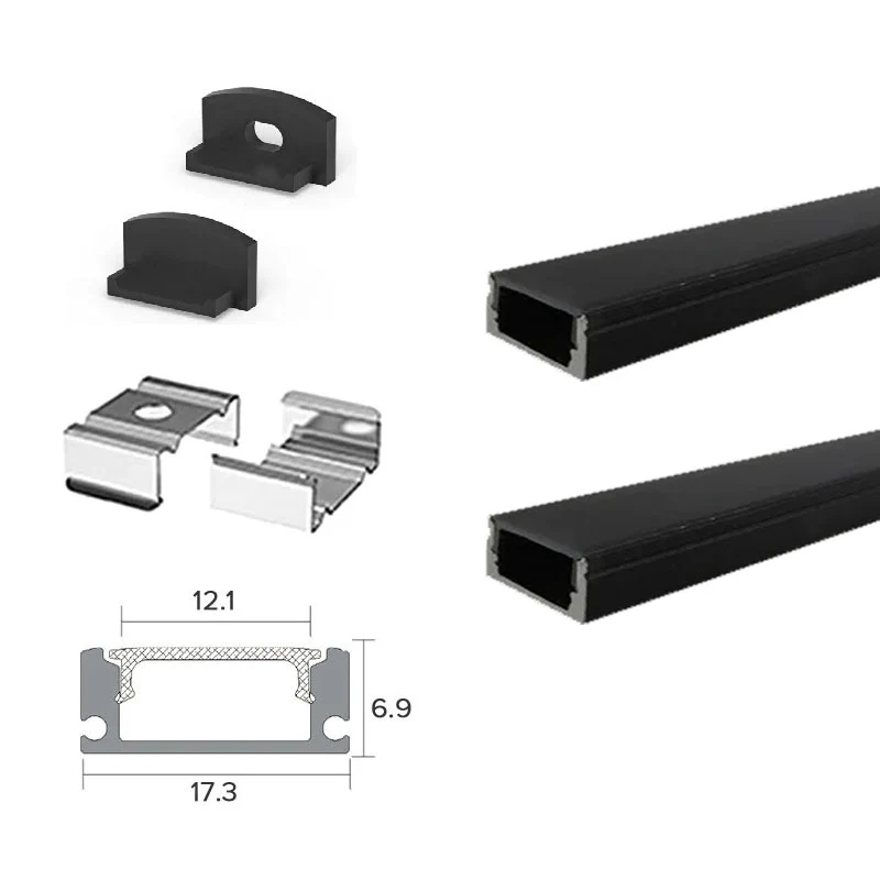 2 Metre Black Flat Aluminum Profile Channel with Black Diffuser and LED Strip Lighting Accessories - Image 11