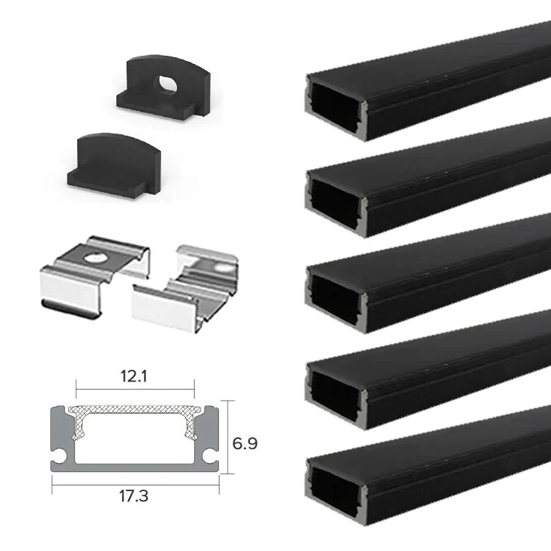 2 Metre Black Flat Aluminum Profile Channel with Black Diffuser and LED Strip Lighting Accessories - Image 12