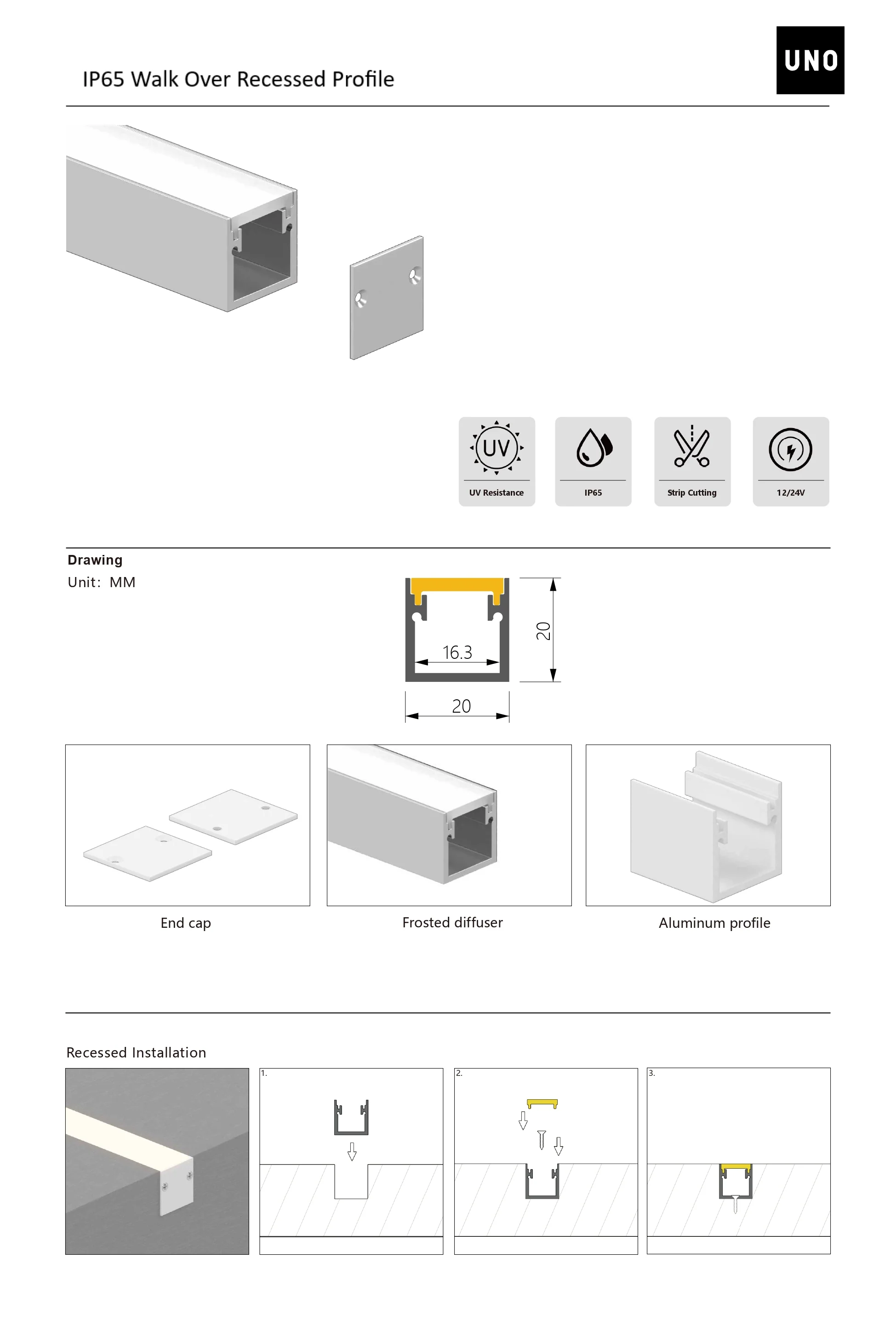 2 Metres IP65 Walk Over Recessed Profile W20 x D20 Include End Caps & Frosted Diffuser - Image 6
