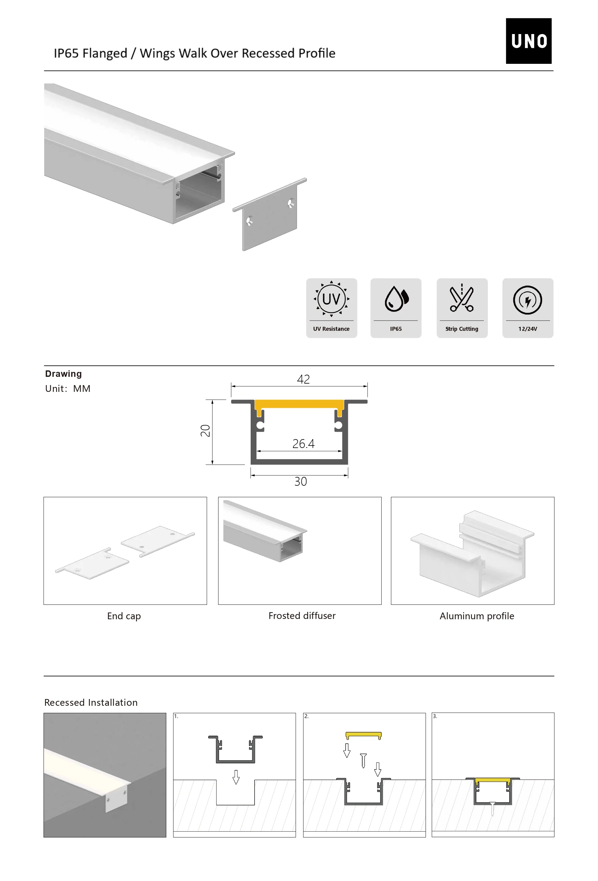 2 Metres IP65 Flanged / Wings Walk Over Recessed IP65 Profile W30 x D20 Inc End Caps & Frosted Diffuser - Image 4