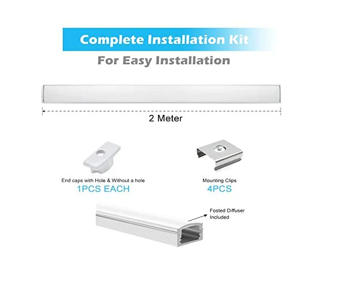2 Pack of 2 Meters (Total 4 Meters) Flat Aluminum Profile Channel with Frosted Diffuser and Accessories for LED Strip Lighting - Image 4
