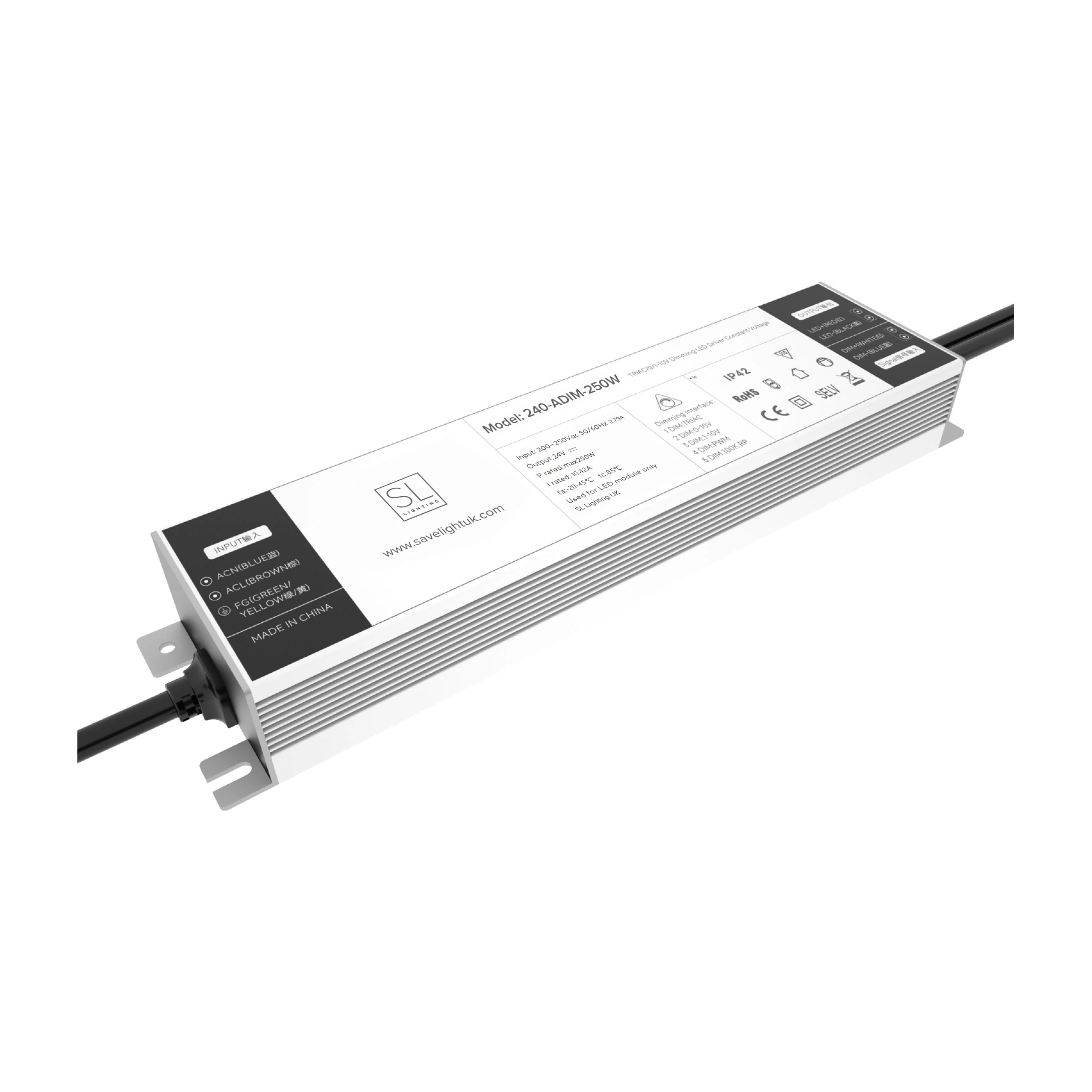 250W IP42 Constant Voltage 24V & 1-10V Soft Start Triac Dimmable Driver LED Strip