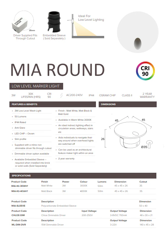 3W Mia Round Low Level Wash Light Gold (Non Dimmable Driver Included) - Image 5
