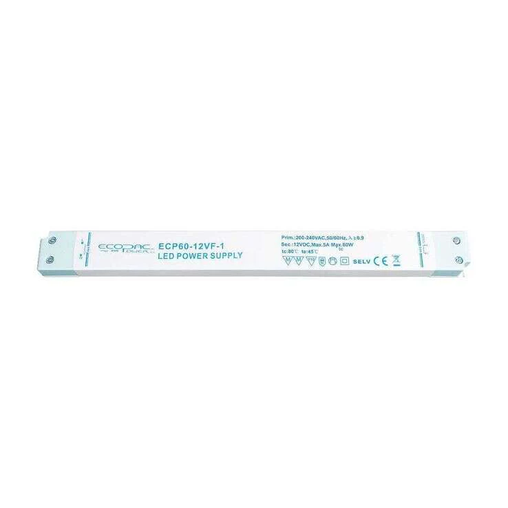 Slim Line 60W 24V Constant Voltage Non-Dimmable Driver for LED Strip, IP20 Rated, Compact Dimensions: 303x30x17mm