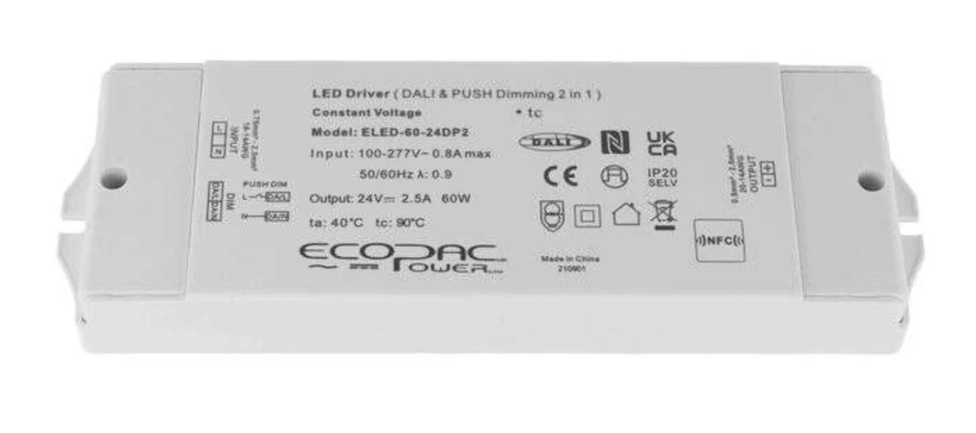 60W 240V DALI2 Mains Dimmable LED Driver - For 24V LED Strips