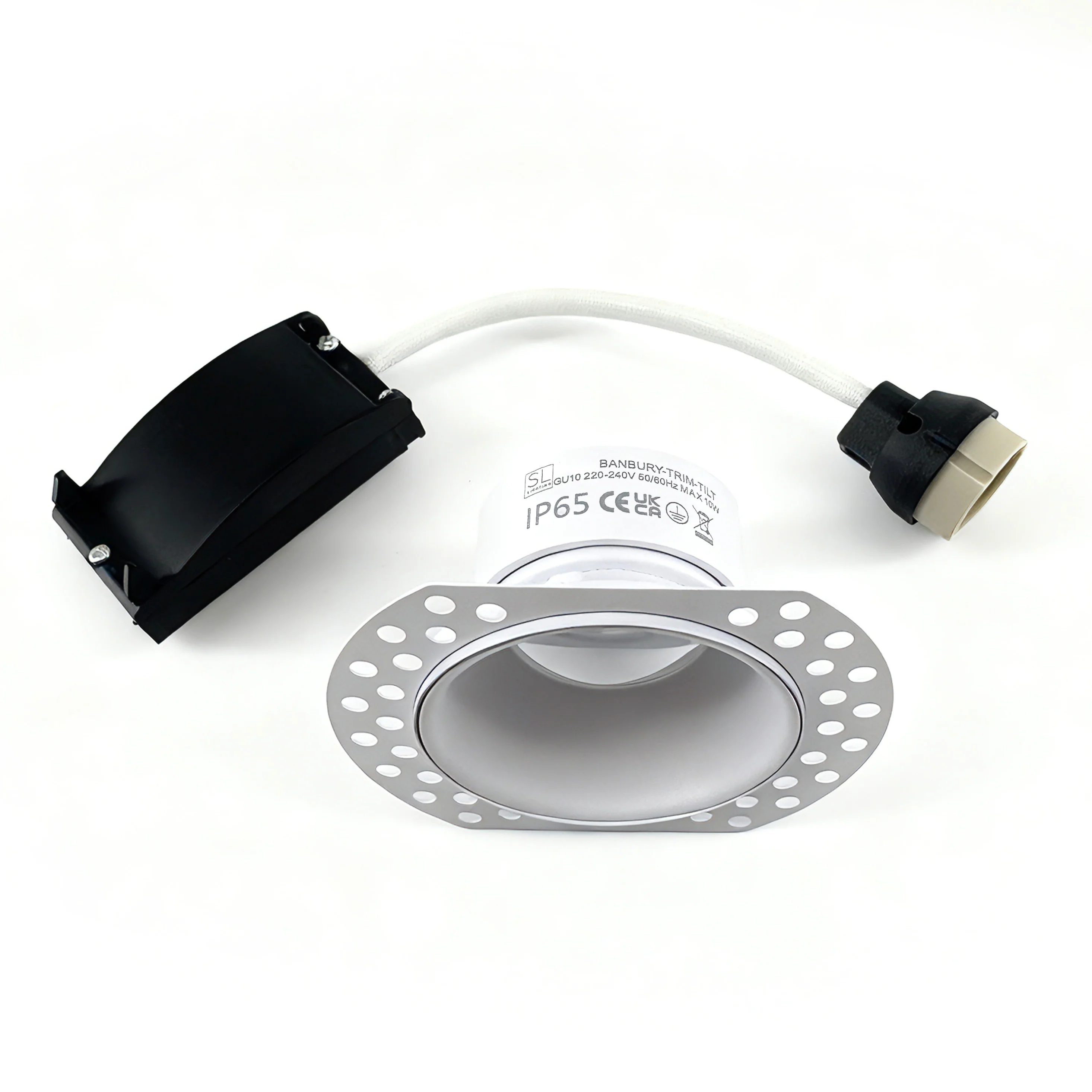 Banbury Tiltable Trimless Plaster-In Fire Rated IP65 Fixed Downlight, Includes GU10 Socket & Junction Box - Image 3