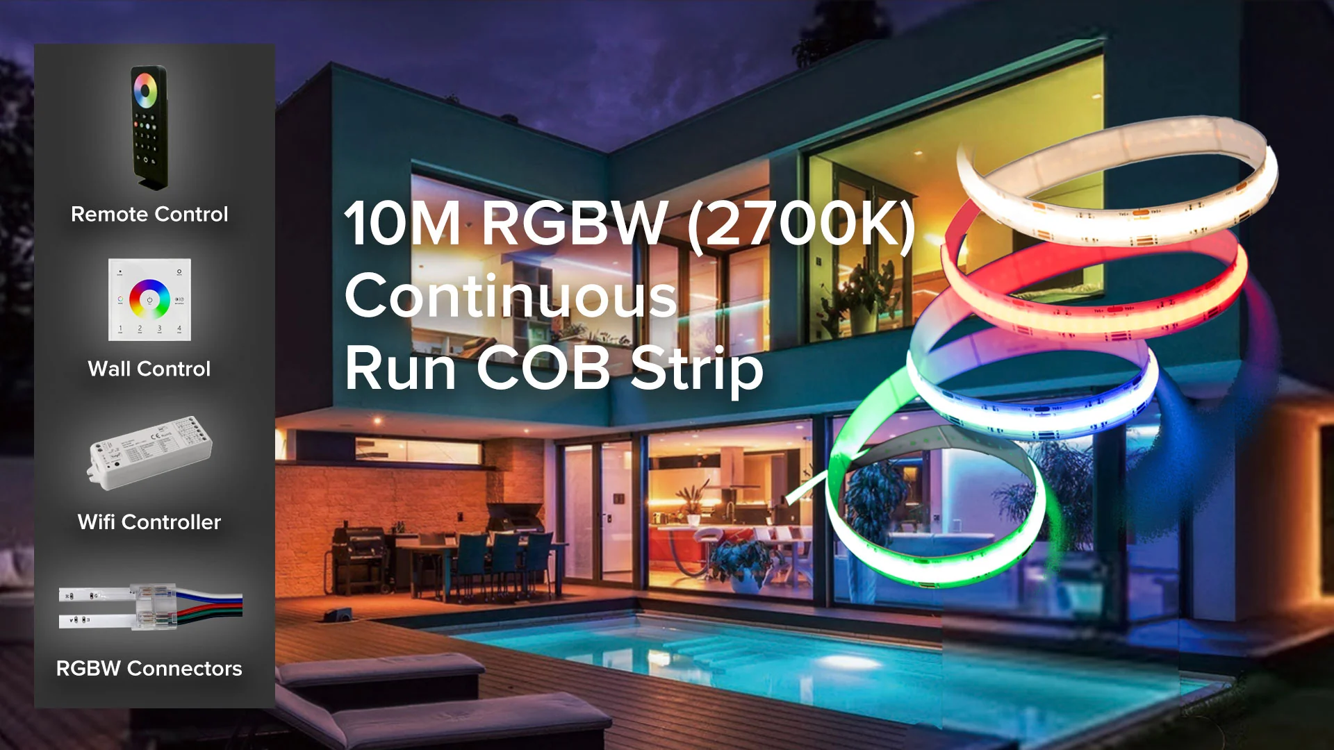 14W RGBW (2700K OR 6500k) LED Color COB Seamless Strip 10 Metre COB Dotless IP44 2 Metre Cables - Image 2