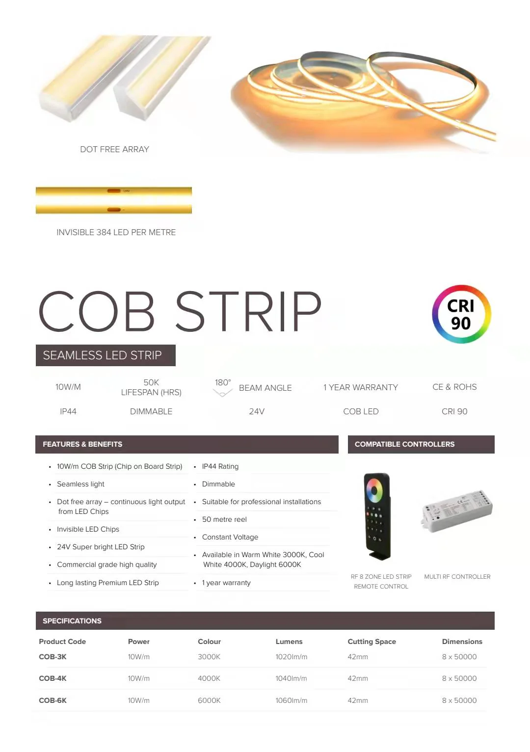 Spot Free / Seamless Light LED COB Strip 50 Meters IP44 10W 4000K Cool White - Image 8