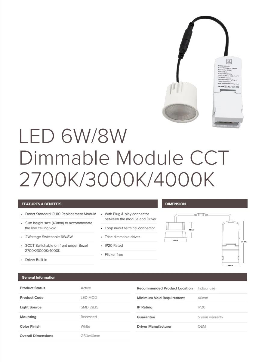 6W / 8W Dimmable LED Downlight Module – CCT 2700K, 3000K, 4000K – Driver & Connectors Included - Image 3