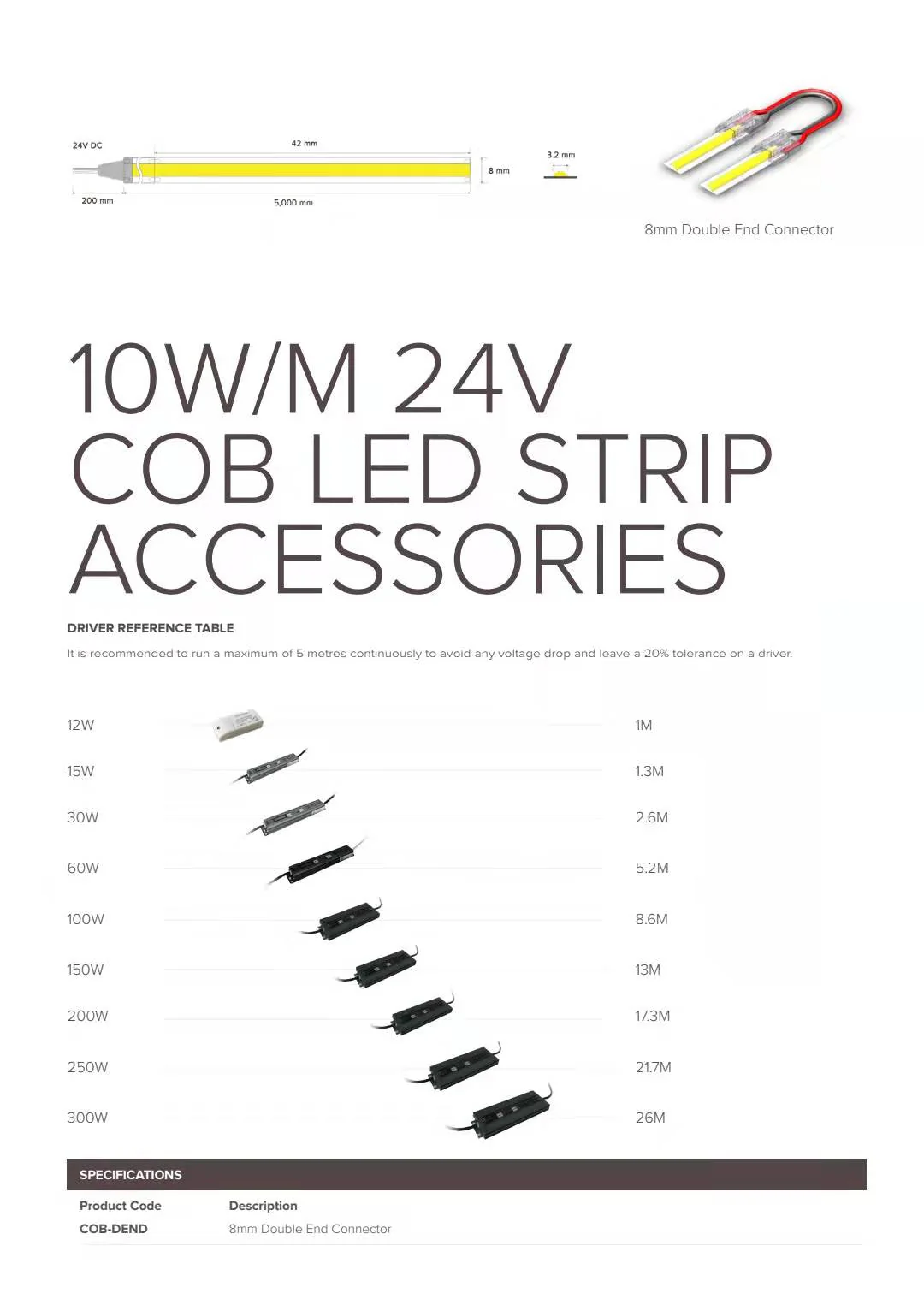 5 Metre Spot Free / Seamless 24V Light LED COB Strip IP44 10W 3000K Warm White - Image 8