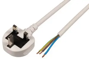 UK Mains Plug with 5A Fuse to Bare Ends Mains Lead, 0.75mm, 2m, Black or White - Image 2